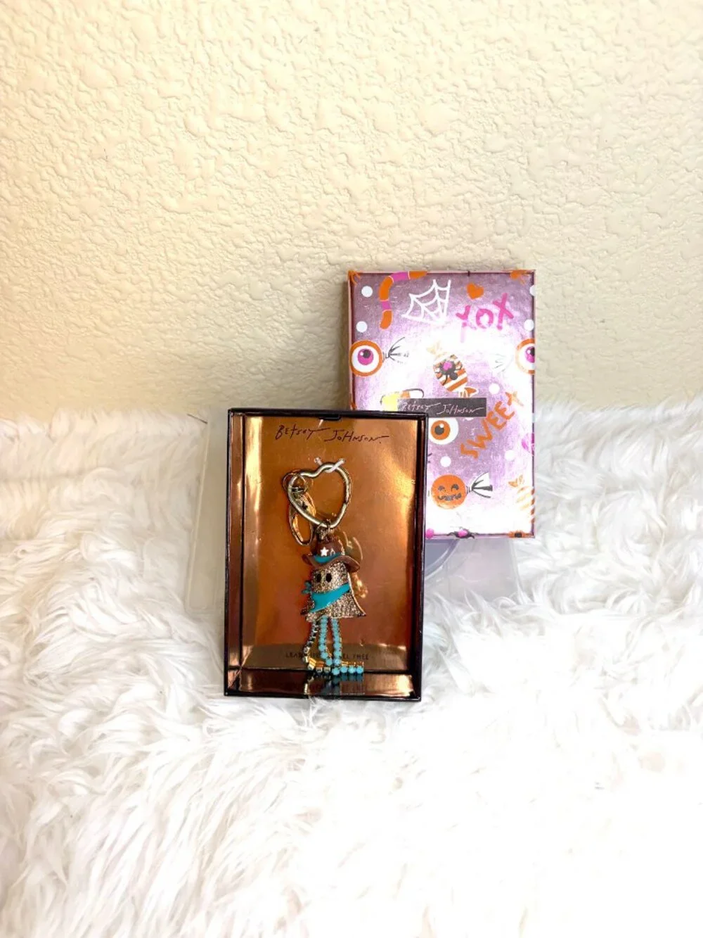 Betsey Johnson Ghost Cowboy Keychain Rhinestone Western Halloween Charm NWT